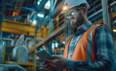A worker wearing a hard hat and safety vest using a tablet in an industrial setting.