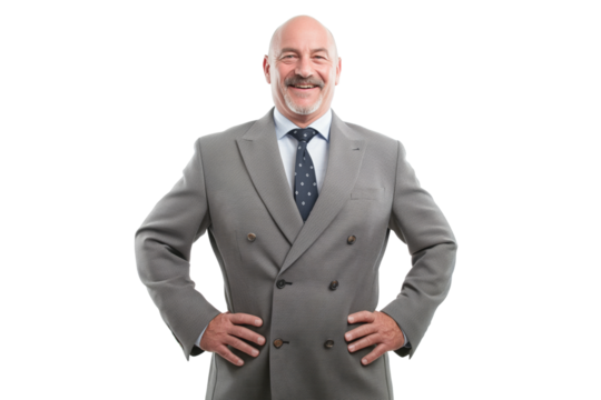 Smiling Bald Senior Businessman in Gray Suit with Hands on Hips on White Background