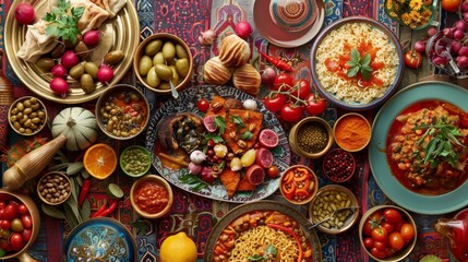 Design a Ramadan recipe book cover featuring traditional dishes, colorful ingredients, and festive decorations.