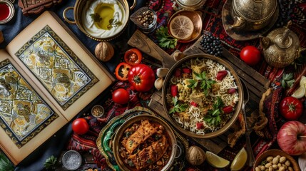 Design a Ramadan recipe book cover featuring traditional dishes, colorful ingredients, and festive decorations.