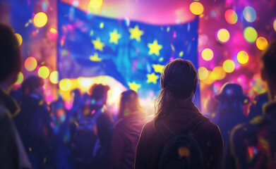 A crowd of people in winter clothing with an EU flag in a festive setting.