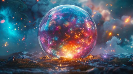 Digital artwork of a sphere with colorful, glowing particles