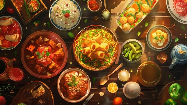 Design a Ramadan recipe book cover featuring traditional dishes, colorful ingredients, and festive decorations.