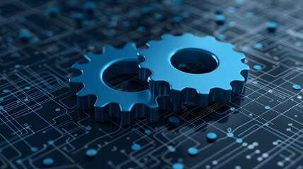 Side perspective render of two blue gears integrated on a digital black background with circuit-like patterns
