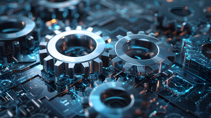 This image showcases a visually striking representation of futuristic machinery, with metallic gears integrated into a complex circuit board