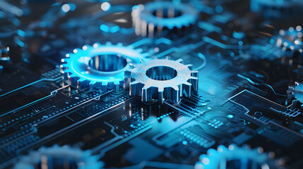 An artistic digital depiction of glowing gear wheels set within an intricate electronic board suggesting high-tech advancement