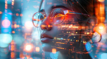 cyberpunk portrait with glowing neon elements, selective focus, sci-fi theme, dynamic, double exposure, urban backdrop