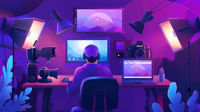 Design a scene of a content creator editing a video on a laptop, with cameras and lighting equipment around, highlighting the creative process.