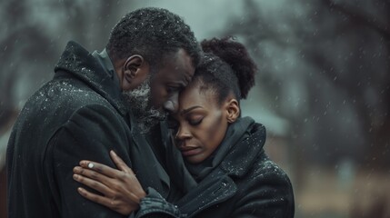 African American husband trying to comfort his wife due to her loss, funeral support and people...