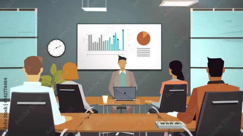 Poster design a scene of a professional giving a presentation using a laptop and projector in a modern conf