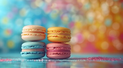 Assorted macarons in different colors on elegant pastel mint green background for sale