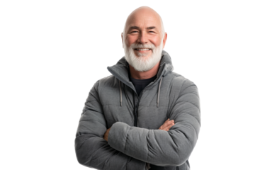 Smiling Senior Man in Gray Jacket with Arms Crossed on White Background