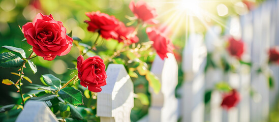 Fototapeta premium On a sunny summer day a cluster of vibrant red roses bloom gracefully in white fence