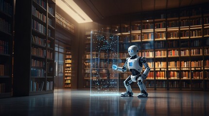 A AI Robot browses towering bookshelves in a quiet library, sunlight streaming through the high windows