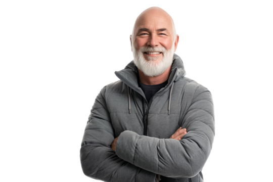 Smiling Senior Man in Gray Jacket with Arms Crossed on White Background