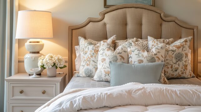 Design a scene of a stylish bedroom with matching table lamps on nightstands, creating a cohesive and serene look.