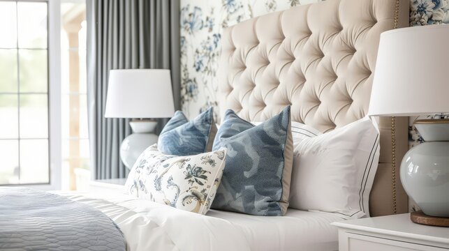 Design a scene of a stylish bedroom with matching table lamps on nightstands, creating a cohesive and serene look.