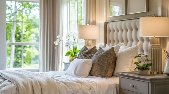 Design a scene of a stylish bedroom with matching table lamps on nightstands, creating a cohesive and serene look.