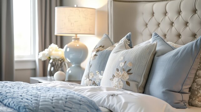 Design a scene of a stylish bedroom with matching table lamps on nightstands, creating a cohesive and serene look.