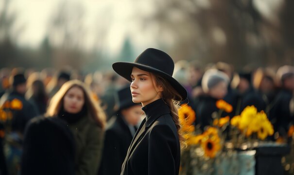 Portrait of mourning young woman, a widow in cemetery grief and respect for dead person