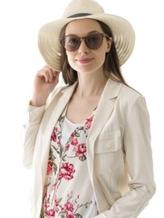 Fashionable Spring Vibes: Stylish Model Posing Against Blank White Background with Copyspace