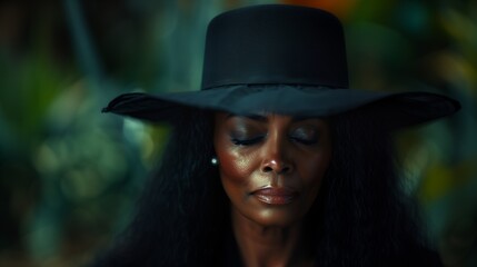Close-up portrait of young African woman, widow wearing black clothing. Funeral concept.