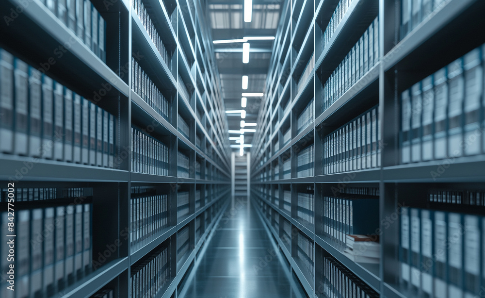 Poster document storage archive with endless rows of shelves filled with meticulously organized files.