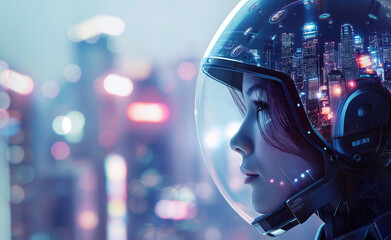 A person in a reflective helmet and orange suit in a futuristic cityscape.