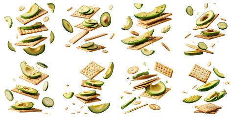 Set of Crackers With Floating Avocado Slices isolated on transparent png background. Generative ai