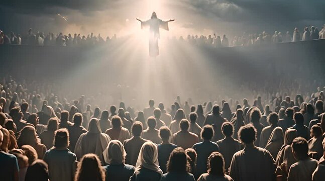 A large crowd of people in robes looking up at a figure ascending into the sky, bathed in heavenly light.