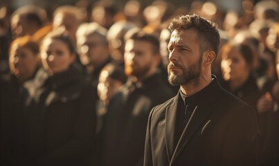 Portrait of a bearded mature man in a black suit in a cemetery at a funeral ceremony among a crowd of people on a background