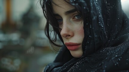Portrait of mourning young woman, a widow in cemetery grief and respect for dead person