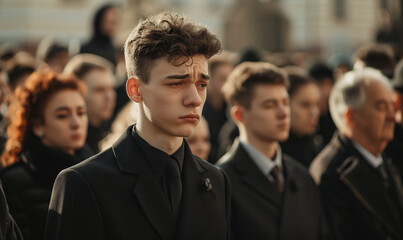 Fototapeta premium A sad young man who lost his parents among a crowd of people in black clothes at a funeral