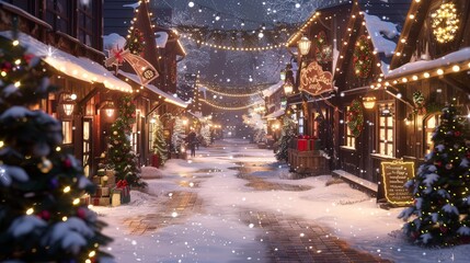 Design a snowy winter scene with a small town decorated for Christmas, featuring lighted streets, wreaths on doors, and a festive market.