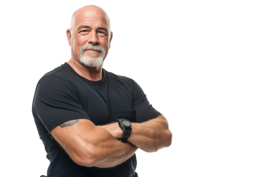 Muscular Bald Senior Man in Black T-Shirt on White Background