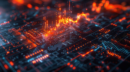 Glowing circuit board with data analytics graphs