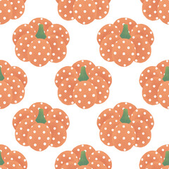 Seamless pattern of cute hand-drawn orange pumpkins with white polka dots ornament. Simple fabric and wallpaper design