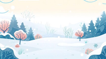 Snowy winter landscape with trees and hills.