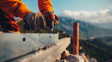 A closeup shot of a construction workers hands as they use a drill to secure metal beams in place with a stunning view of the rocky terrain and distant mountains behind them.