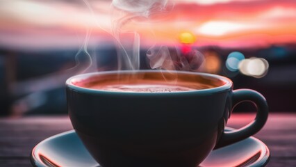 A cup of coffee with steam coming out on a table, AI