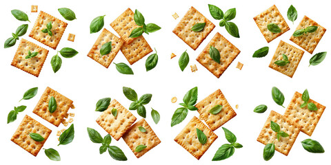 Set of Crackers With Floating Basil Leaves isolated on transparent png background. Generative ai