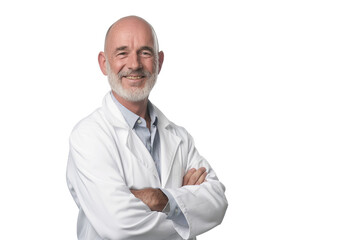 Smiling Bald Senior Doctor in White Lab Coat on White Background