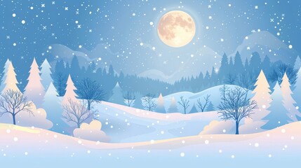 Naklejka premium Snowy winter landscape with full moon and pine trees.