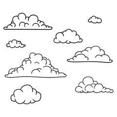 Hand drawn cartoon set of clouds on white background.