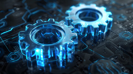 Detailed view of neon blue glowing gears on a backdrop of circuitry, symbolizing high-tech and advanced electronic engineering