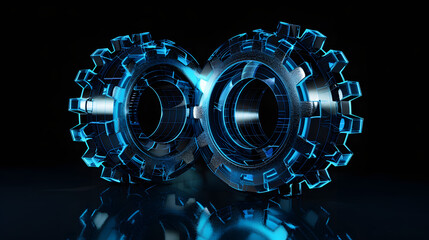 High-concept image showing interlocked gears with a blue holographic effect on a black background, evoking modernity