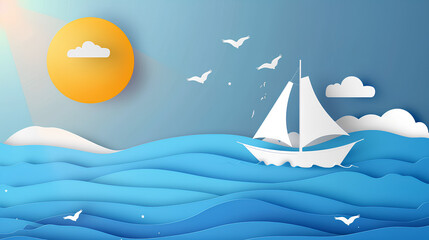 Cute paper art background of the sea with a white sailboat and sun, blue sky, clouds, vector illustration.