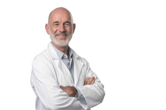 Smiling Bald Senior Doctor in White Lab Coat on White Background