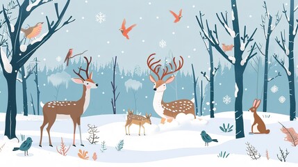 Fototapeta premium Winter wonderland scene with deer, birds, and a rabbit in a snowy forest.