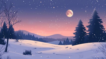 Snowy winter landscape with full moon and starry night sky.